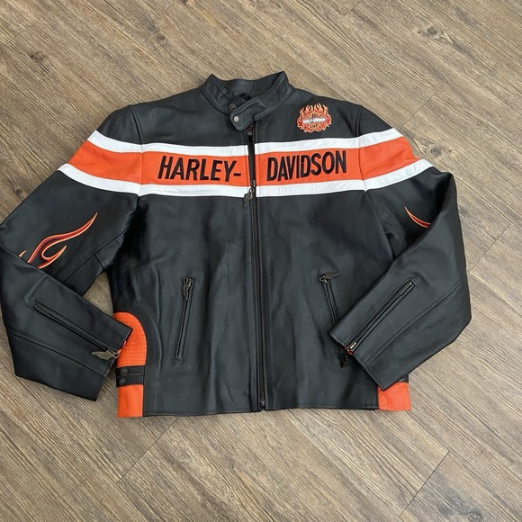 Harley-Davidson Jackets & Blazers - Vintage Harley Davidson Men's USA Genuine Black Orange Leather Riding Jacket 3XL